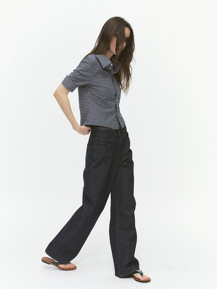 Country Moment Breathable Cotton Cropped Straight Revere Women Navy Plaid Shirts