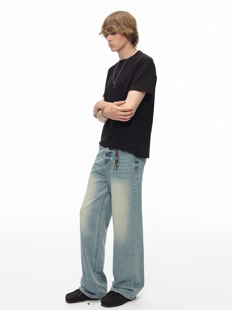 Country Moment Washed Gradient Mid Rise Relaxed Casual Gray Blue Stretch Straight Leg Jeans