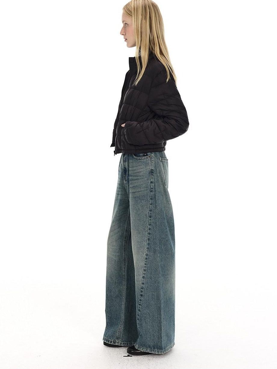 Country Moment Breathable Washed Blue Gradient Vintage Mid Rise Button Fly Wide Leg Jeans