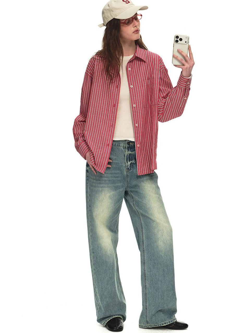 Country Moment 100% Cotton Vintage Oversized Red Stripe Button Long Sleeve Women Shirts