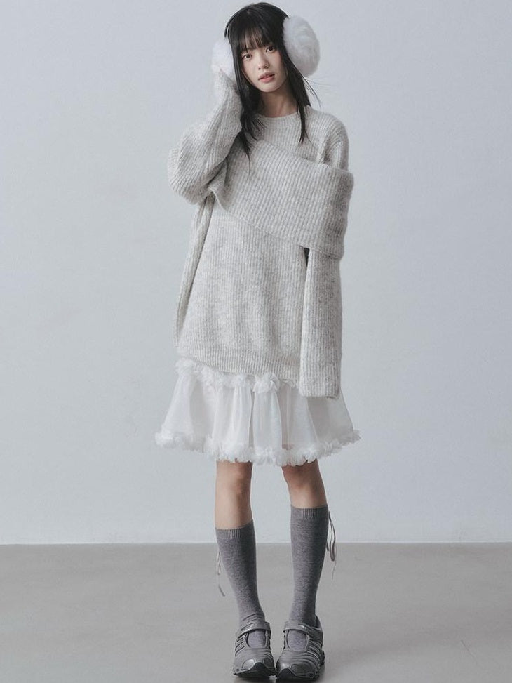 DDGIRL studio Ultra Soft Relaxed Patchwork Round Neck Women Light Gray Knit Sweaters