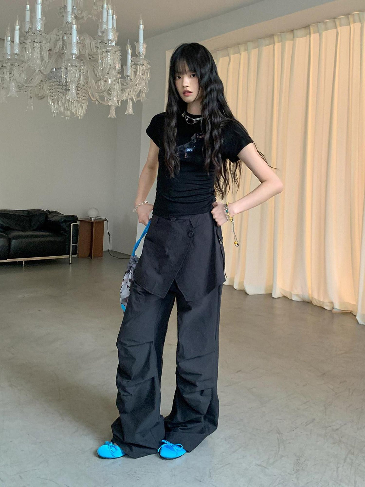 DDGIRL studio High Waist Cotton Cargo Pockets Loose Commuter Women Black Straight Pants