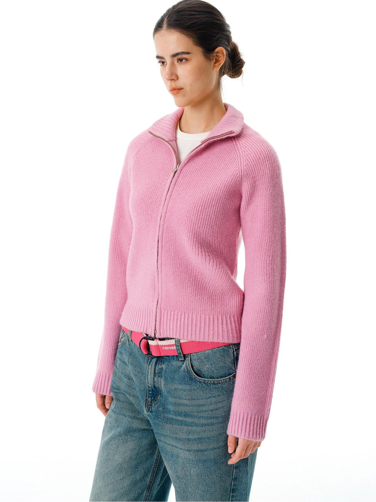 Country Moment Warm Zipper Stand Collar Slim Fit Cardigan Knit Women Rose Purple Sweaters
