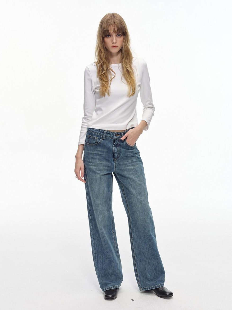 Country Moment Soft Washed Mid Rise Loose Micro Stretch Denim Cotton Blend Straight Leg Jeans