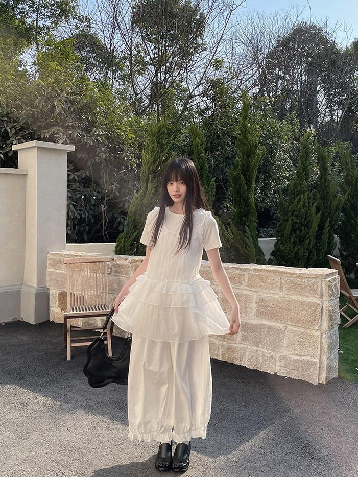 DDGIRL studio Original High Waist Drawstring Washed Cotton Nylon Lantern White Wide Leg Pants