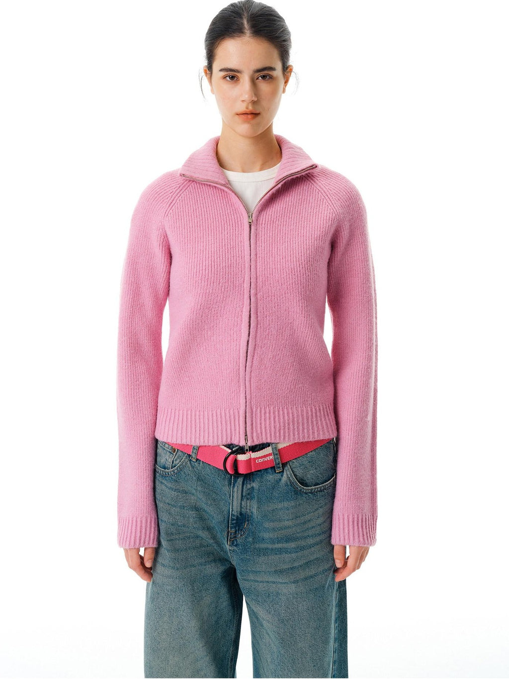 Country Moment Warm Zipper Stand Collar Slim Fit Cardigan Knit Women Rose Purple Sweaters