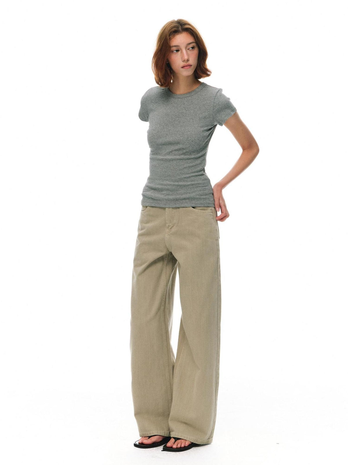 Country Moment Breathable Durable Mid Rise Zipper Fly Loose Khaki Cotton Casual Wide Leg Jeans