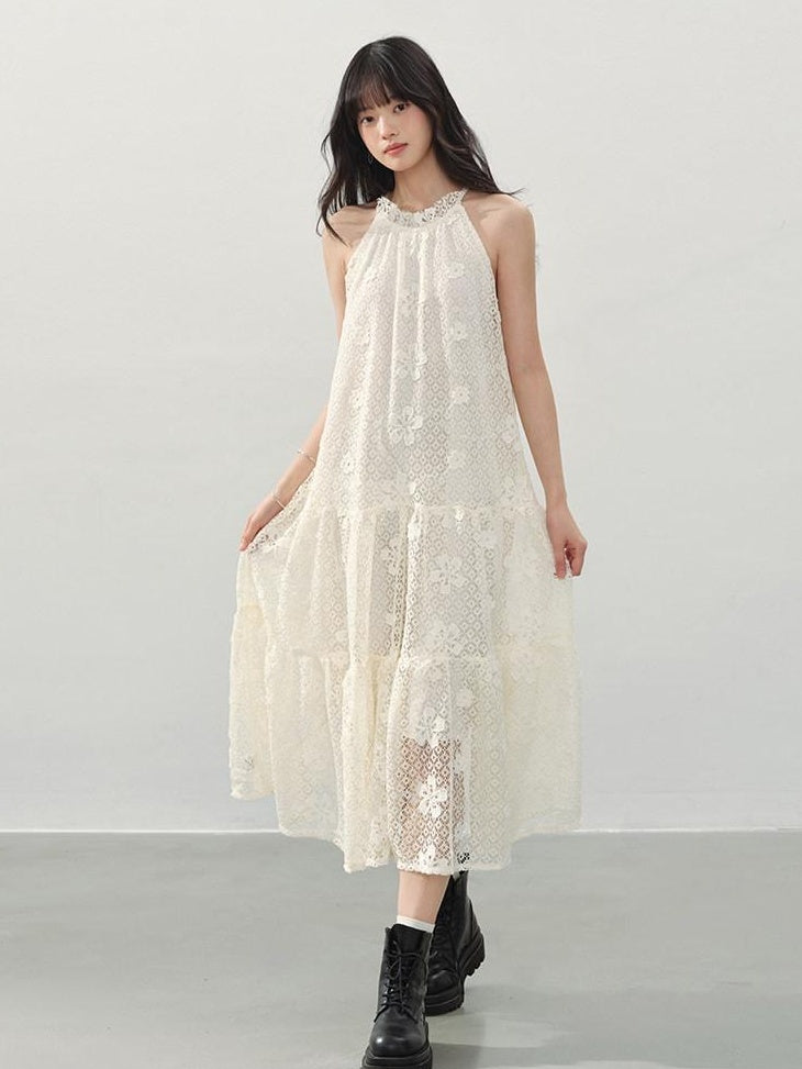 DDGIRL studio Soft Breathable Eyelet A Line Girly Sleeveless Vacation Cream Midi Dresses