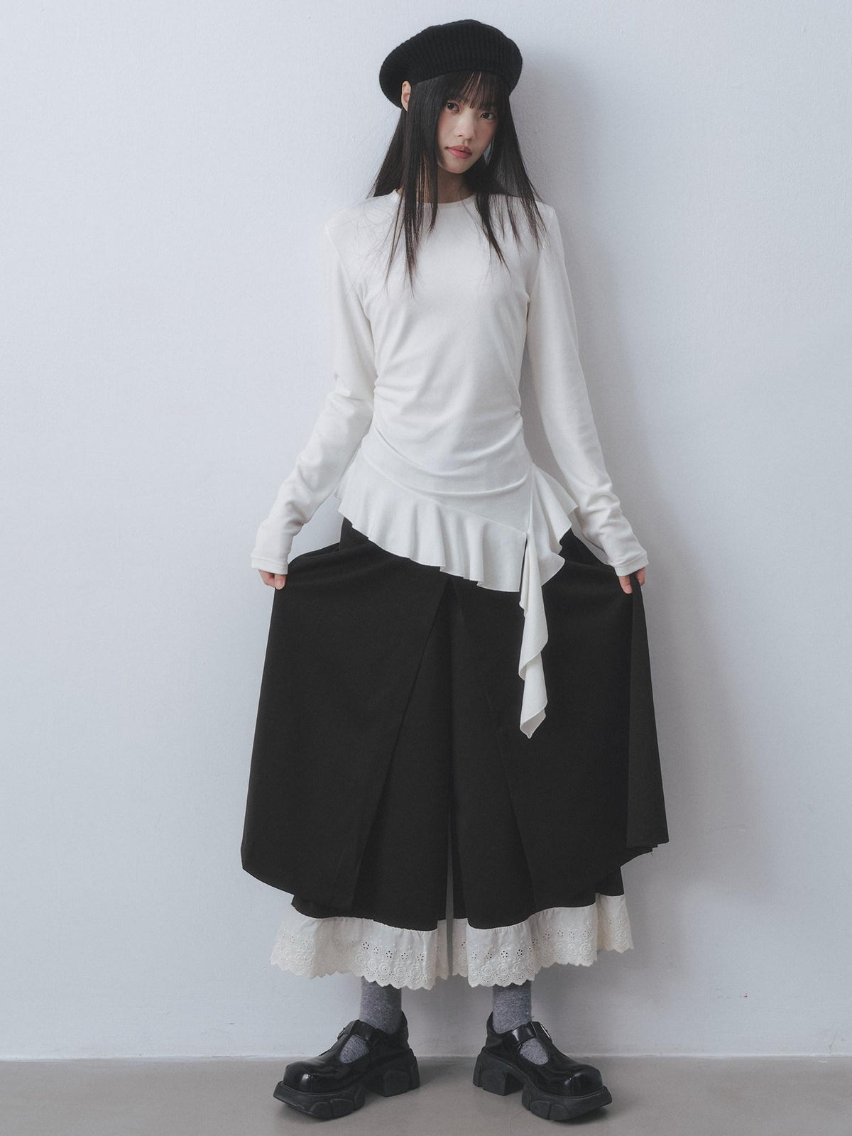 DDGIRL studio Soft Stretch Ruffle Asymmetric Slim Waist Women White Long Sleeve T-Shirts