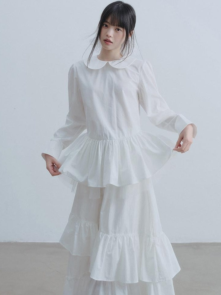 DDGIRL studio Soft Cotton Babydoll High Waist Long Sleeve Women Doll Collar Shirts