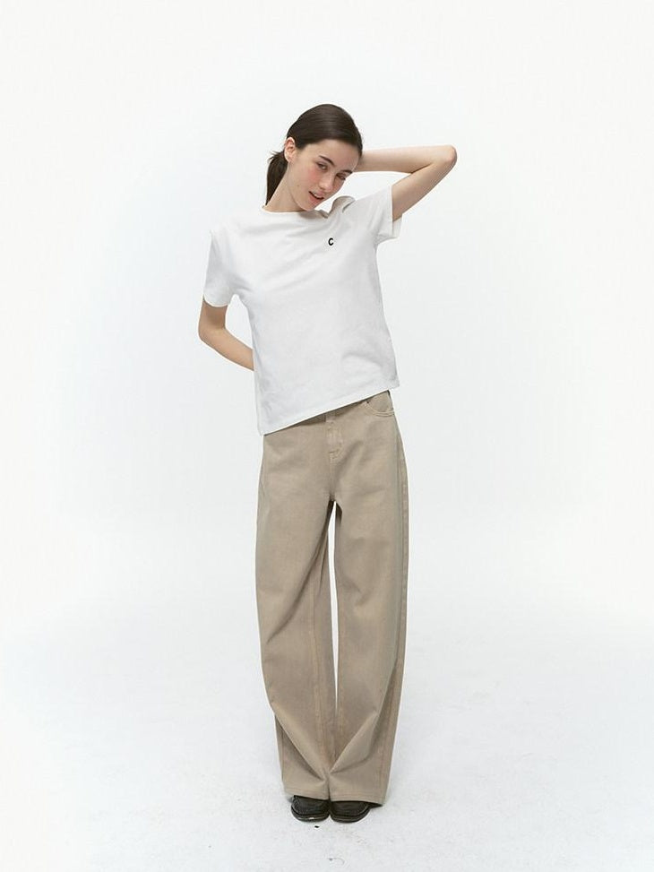 Country Moment Durable Washed Khaki Loose Natural Waist Casual Denim Wide Leg Jeans