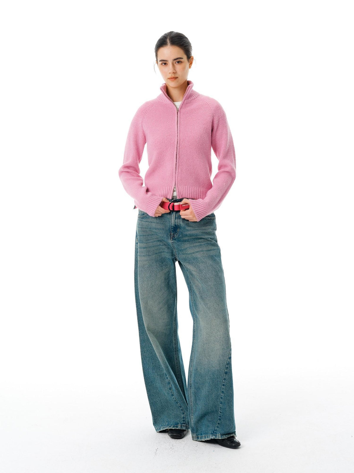 Country Moment Warm Zipper Stand Collar Slim Fit Cardigan Knit Women Rose Purple Sweaters