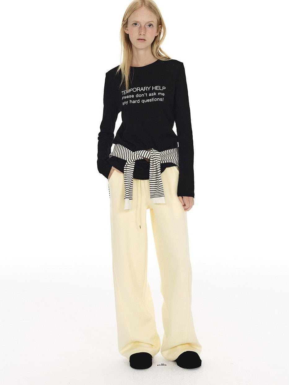 Country Moment Loose Wide Leg Drawstring Casual Unisex Cotton Blend Off White Straight Pants