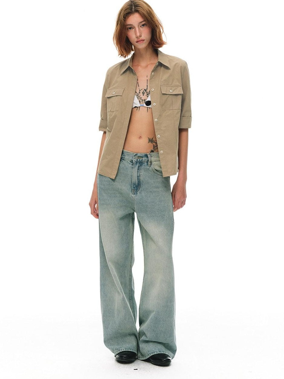Country Moment Breathable Cotton Slim Fit Collared Half Sleeve Khaki Women Patch Pocket Shirts