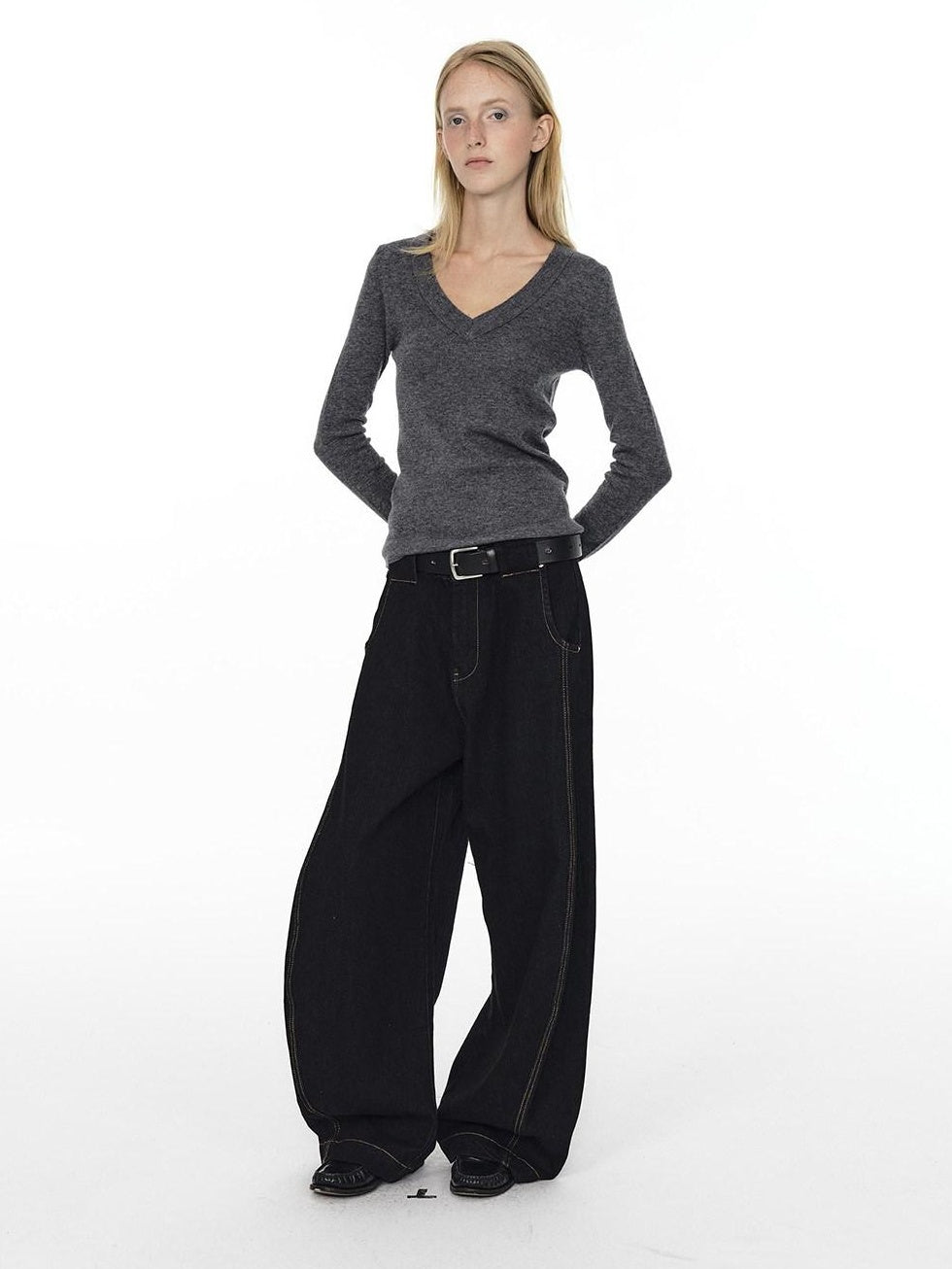 Country Moment Mid Rise Contrast Stitching Loose Fit Unisex Cotton Blend Black Wide Leg Jeans