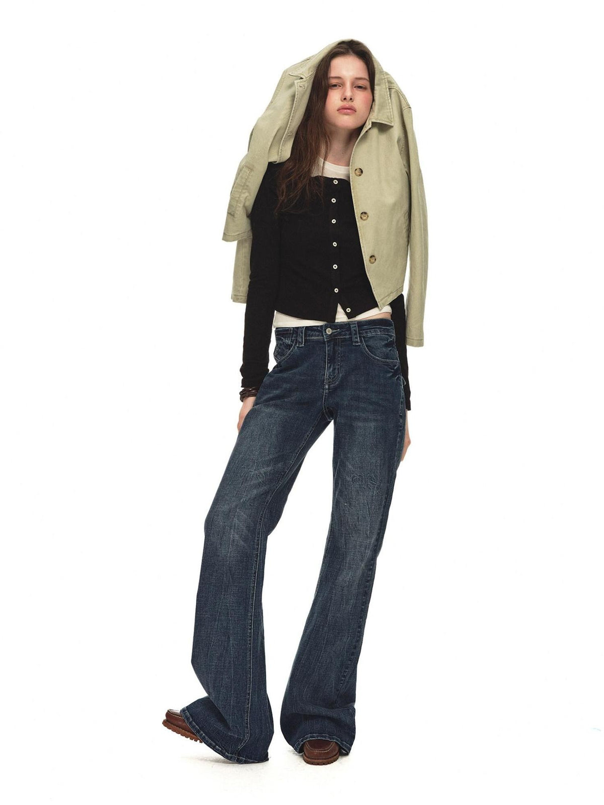Country Moment Slimming Soft Breathable Distressed Low Rise Vintage Blue Stonewash Flared Jeans