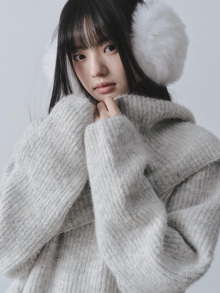 DDGIRL studio Ultra Soft Relaxed Patchwork Round Neck Women Light Gray Knit Sweaters
