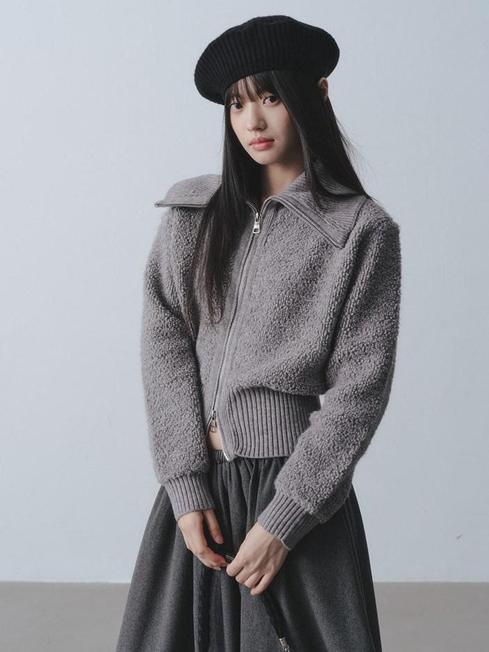 DDGIRL studio Cozy Warm Simple Daydream Waist Cinch Zip Cardigan Acrylic Blend Cream Sweaters