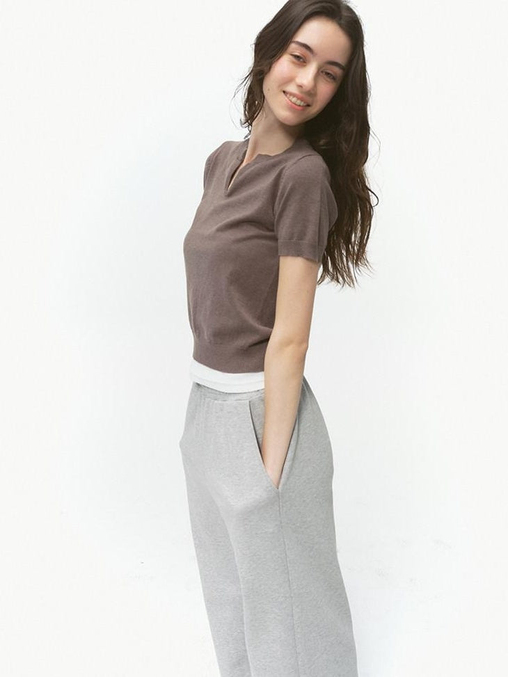 Country Moment Silk Wool Blend Patchwork V-neck Slim Fit Work Olive Brown Short Sleeve T-Shirts