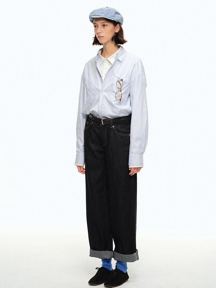 Country Moment Shape Retaining Mid Rise Loose Straight Teen Black Cotton Wide Leg Jeans