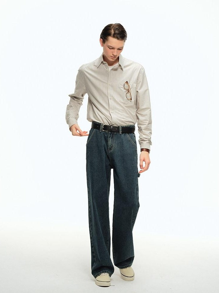Country Moment Durable 100 Percent Cotton Vintage Blue Midrise Loose American Wide Leg Jeans
