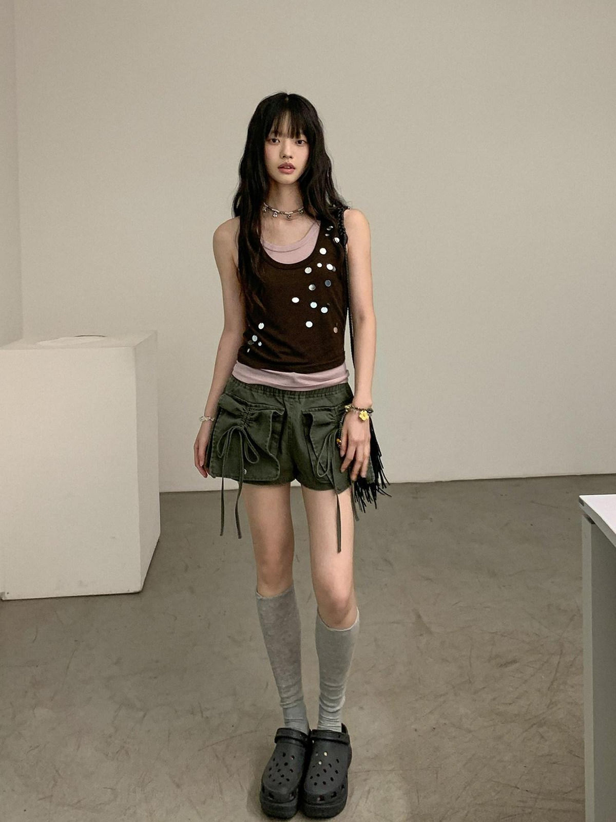 DDGIRL studio High Waist Faded 96 Percent Cotton Wide Leg Loose Fit Army Green Denim Shorts