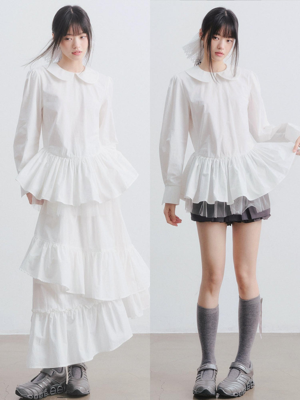 DDGIRL studio Soft Cotton Babydoll High Waist Long Sleeve Women Doll Collar Shirts