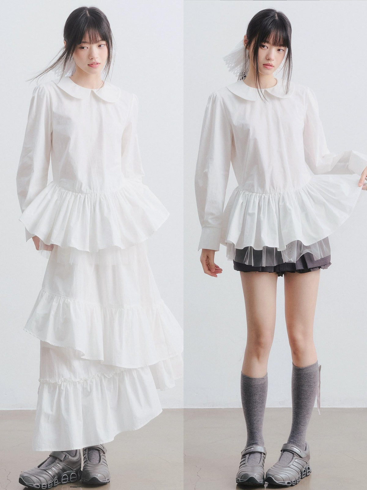 DDGIRL studio Soft Cotton Babydoll High Waist Long Sleeve Women Doll Collar Shirts