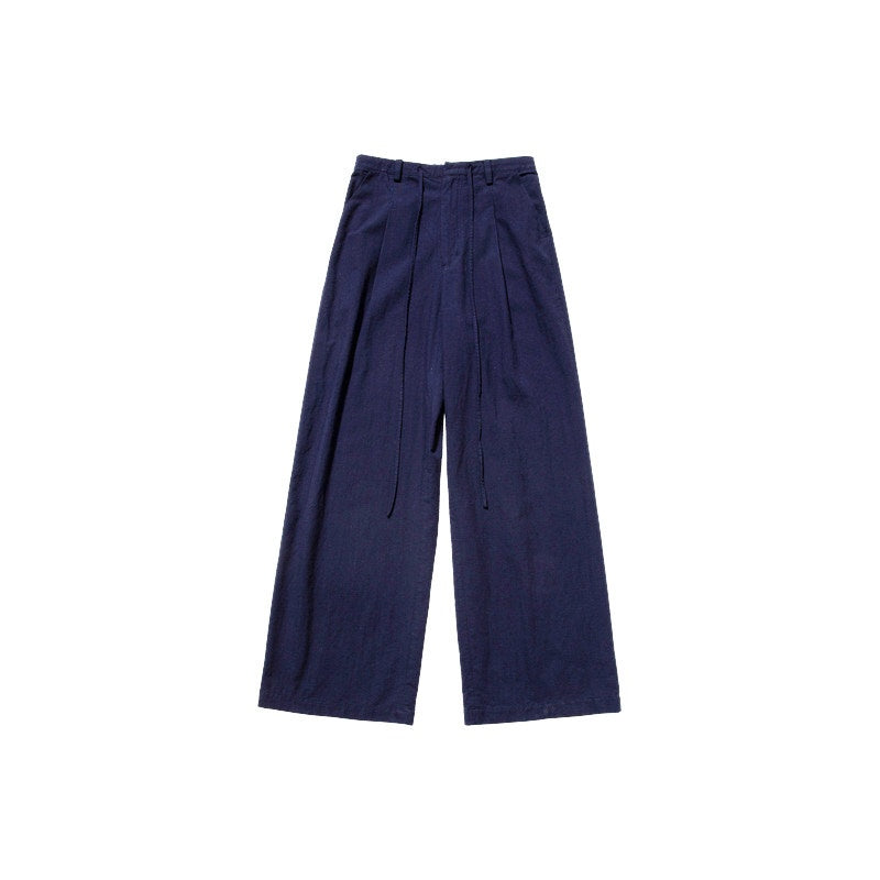 Country_Moment_Cotton_Linen_Minimal_Belted_Natural_Waist_Navy_Office_Wide_Leg_Pants_MISSTT