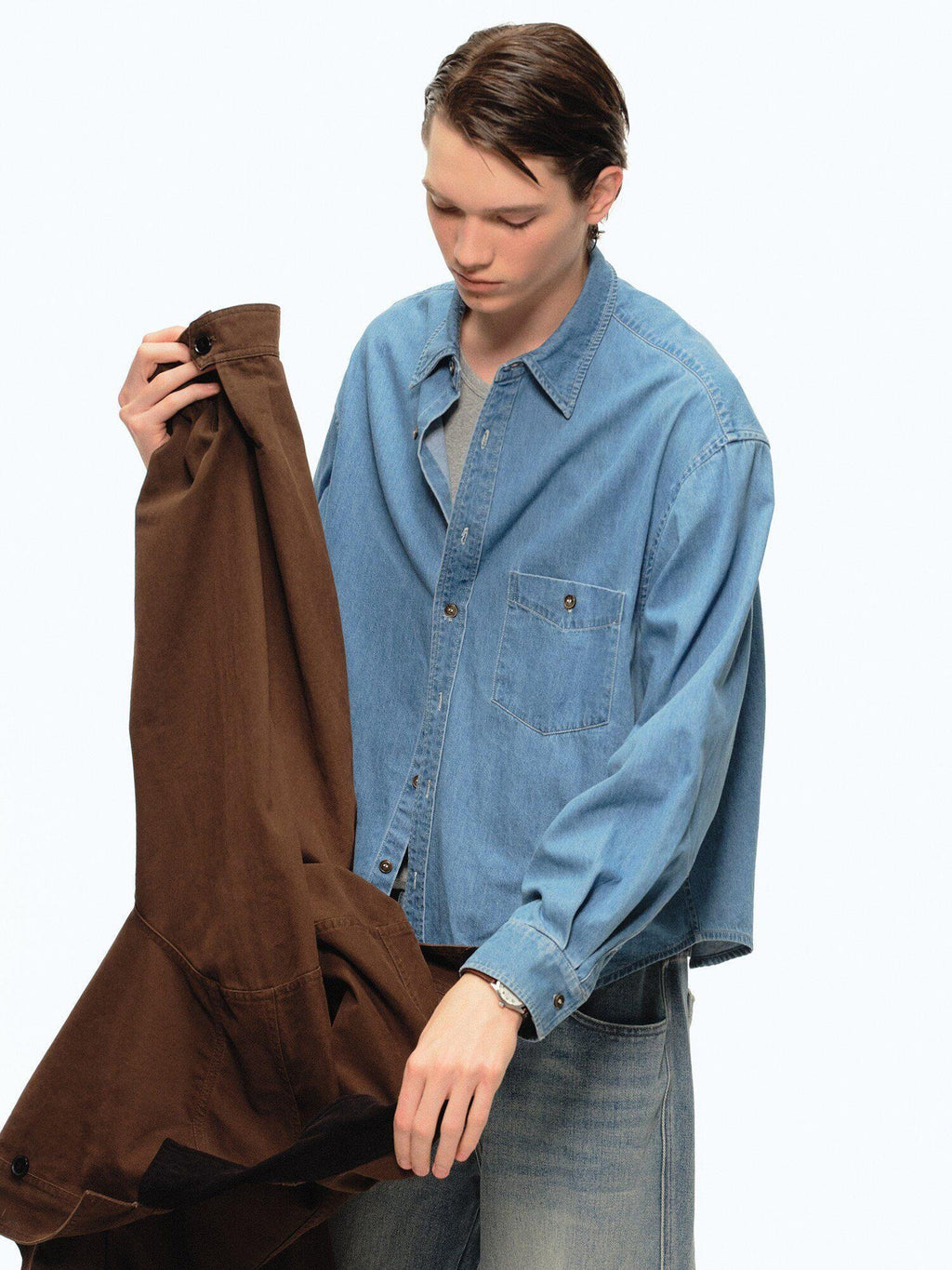 Country Moment Soft Cotton Blend Loose Square Neck Short Sleeve Youth Casual Light Denim Shirts