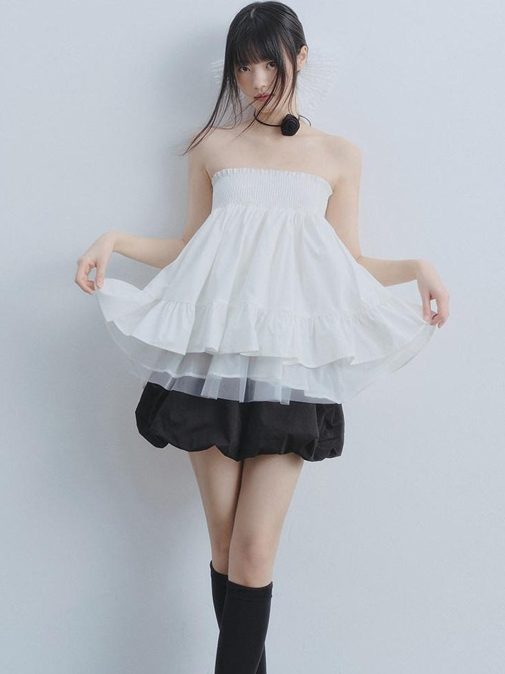 DDGIRL studio Lined Shape Retaining High Waist Pleated Lace Puff Loose Fit Women Mini Skirts