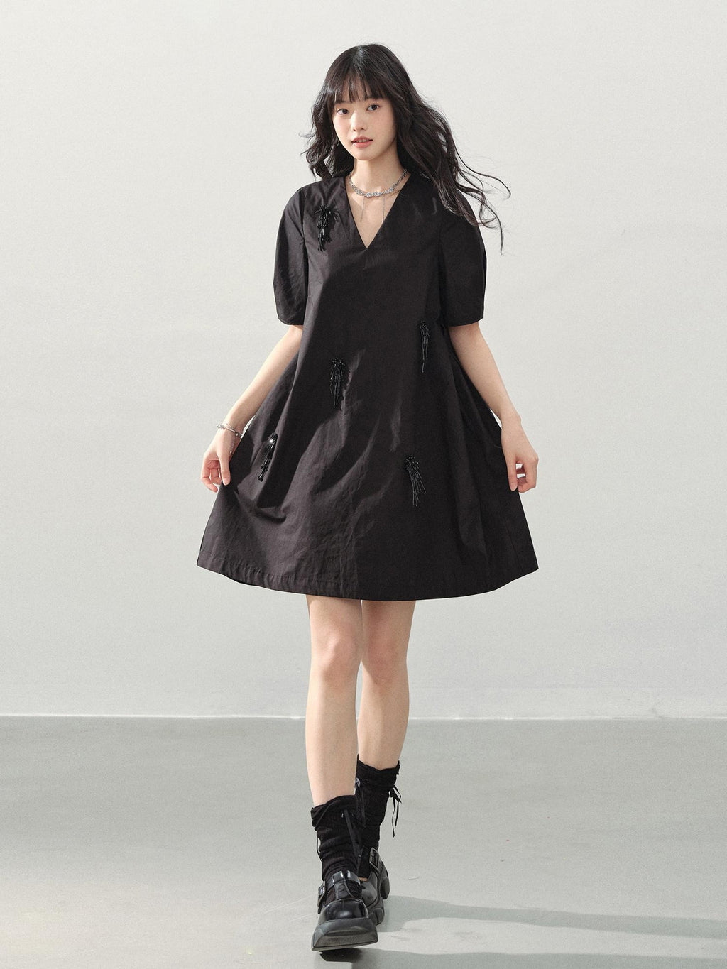 DDGIRL studio Beaded Soft Cotton A Line Puff Sleeve V-neck Back Zipper Black Mini Dresses