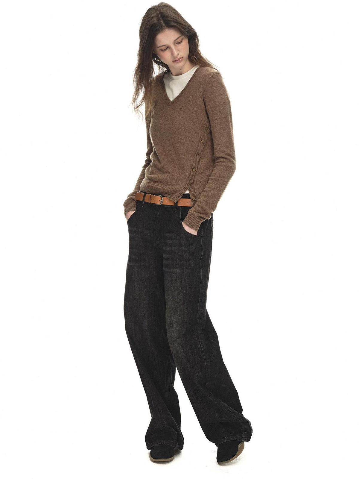 Country Moment Soft Wool Blend Slimming Relaxed Fit Asymmetric V-neck Women Commuter Sweaters
