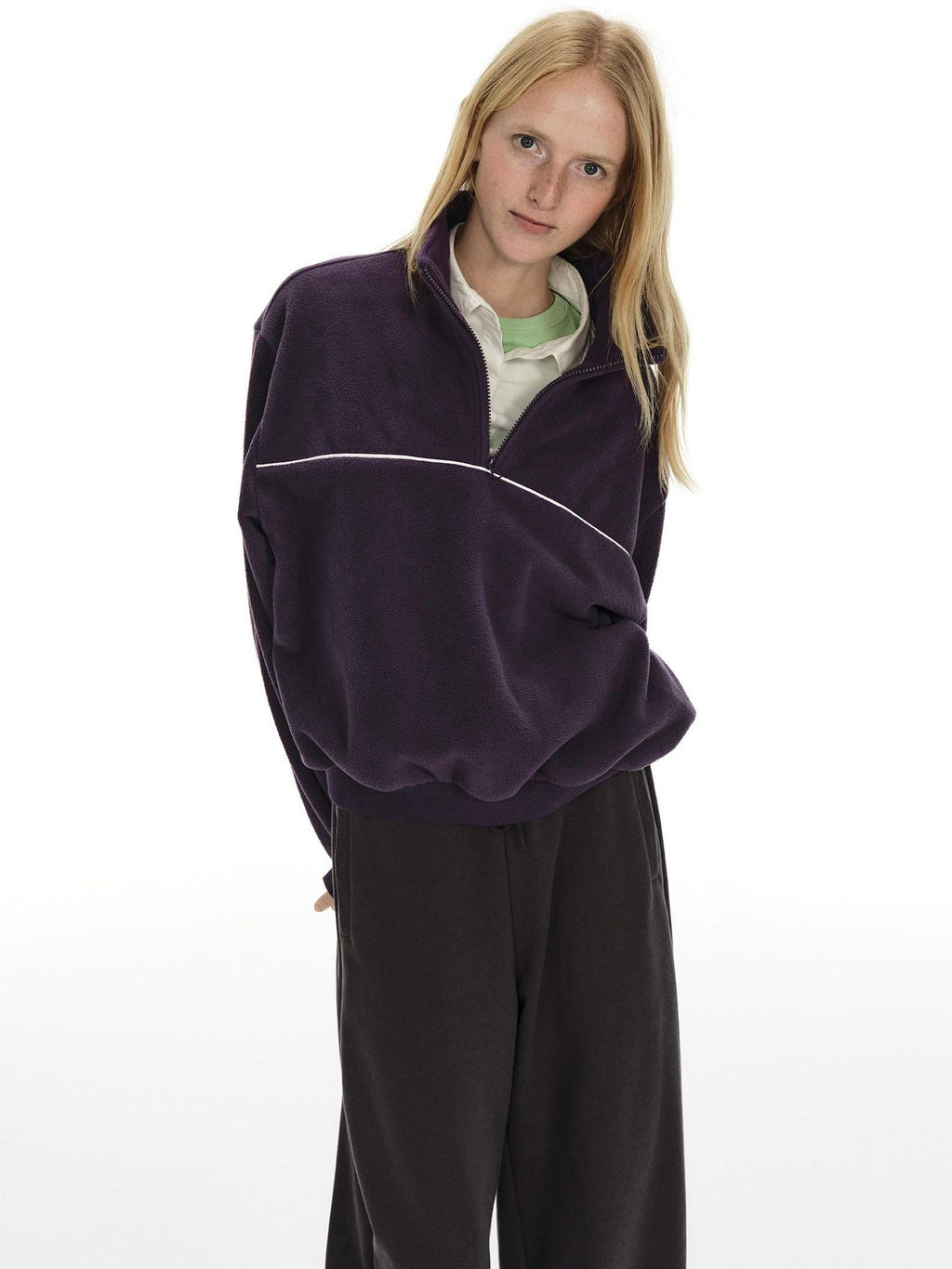 Country Moment Warm Fleece Short Zip Stand Collar Colorblock Loose Fit Unisex Purple Sweatshirt