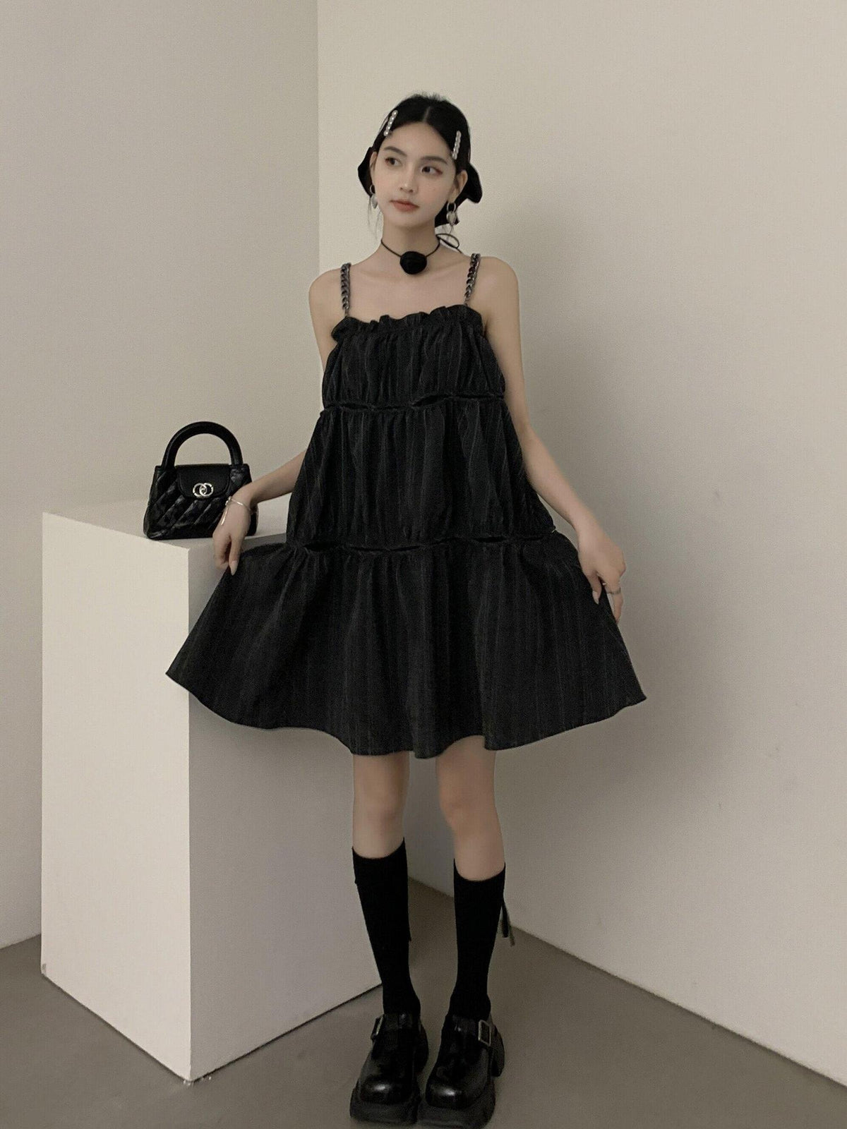 DDGIRL studio Shape Retaining Casual Patchwork Loose Waist A Line Cotton Blend Midi Dresses