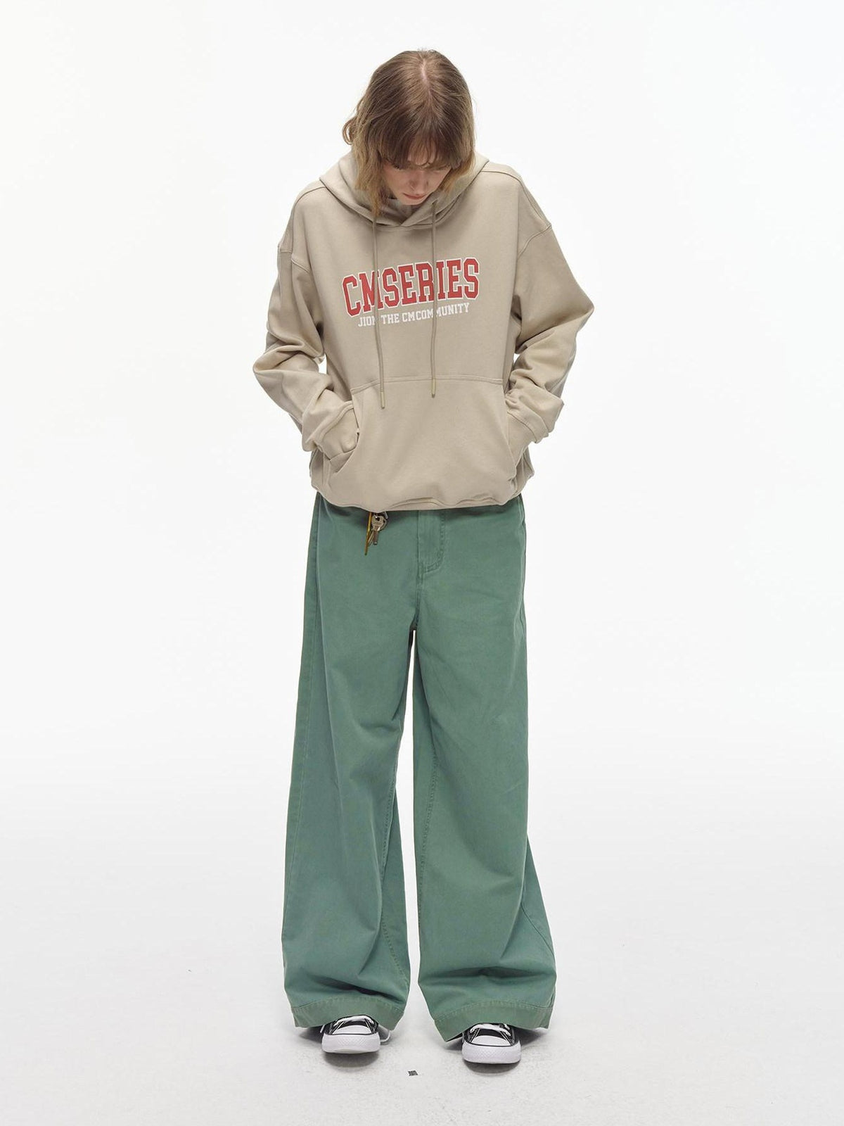 Country Moment Washed 100% Cotton Loose Straight Zipper Fly Youth Everyday Green Wide Leg Pants