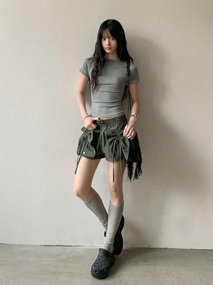 DDGIRL studio High Waist Faded 96 Percent Cotton Wide Leg Loose Fit Army Green Denim Shorts