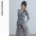DDGIRL_studio_Breathable_Modal_Blend_Workwear_Slim_Layered_Women_Gray_Long_Sleeve_Crop_Tops_MISSTT