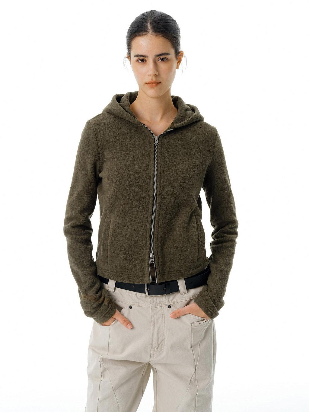 Country Moment Warm Polar Fleece Slim Fit Zip Up American Women Sport Sage Green Hoodie