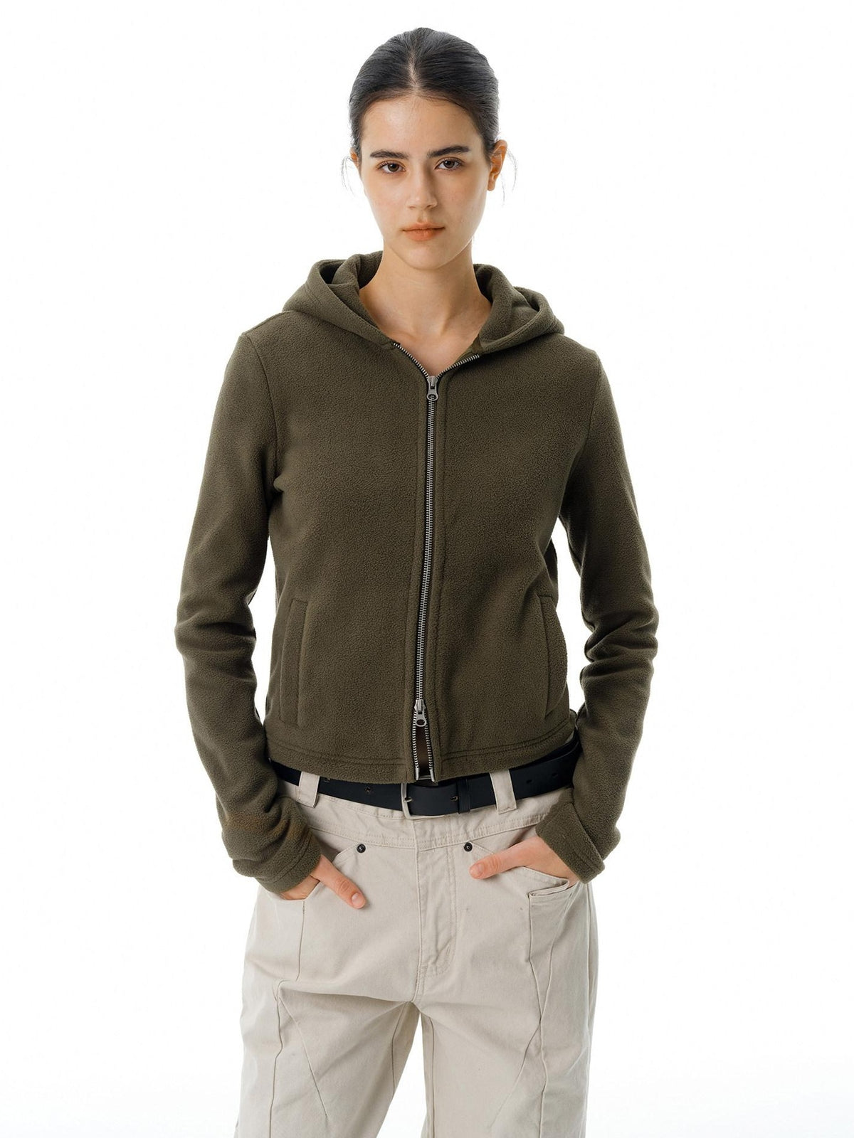 Country Moment Warm Polar Fleece Slim Fit Zip Up American Women Sport Sage Green Hoodie