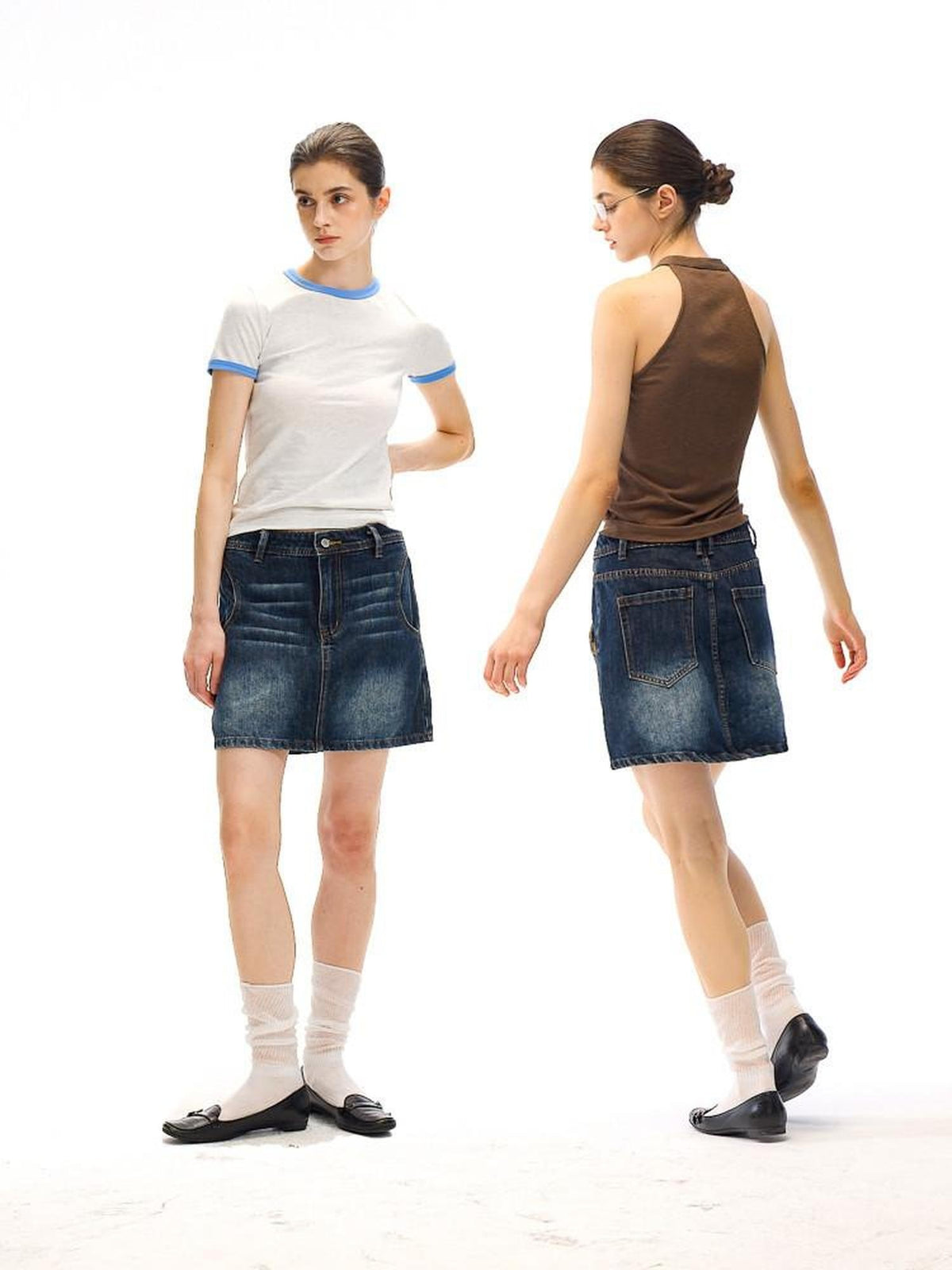 Country Moment Breathable Cotton Blend Vintage Office A Line Solid Blue Black Mini Skirts