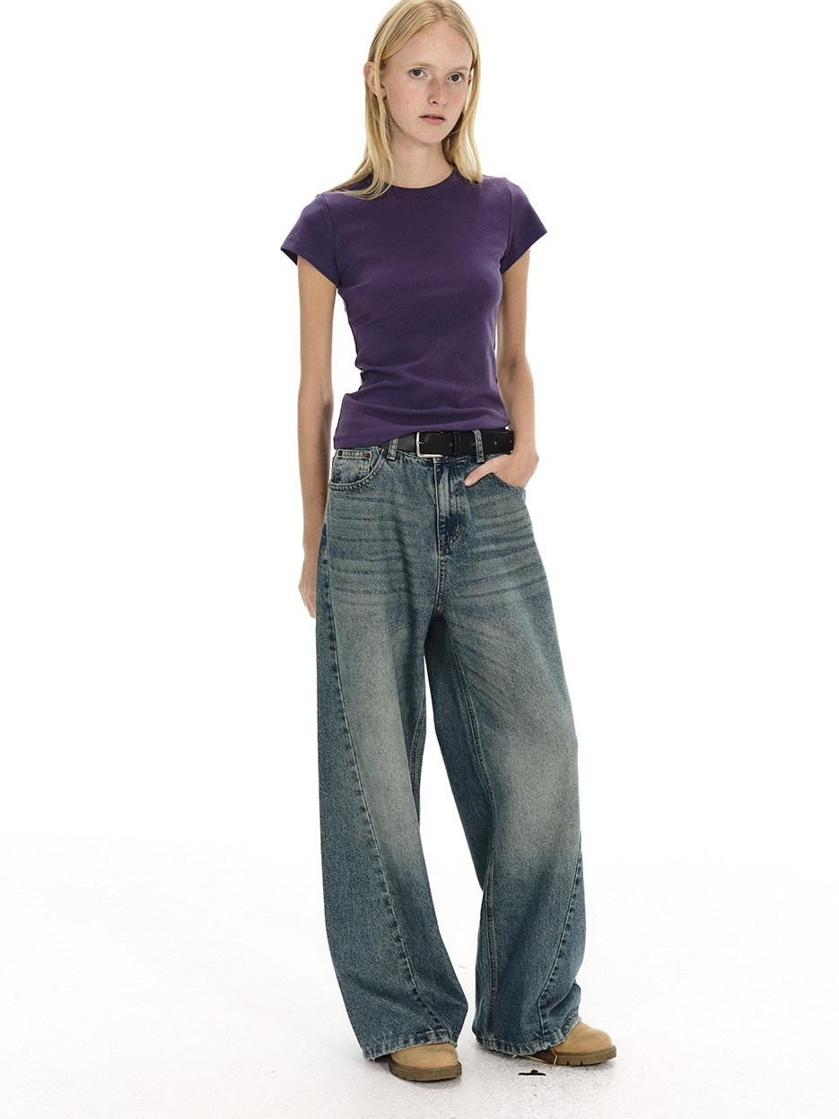 Country Moment Breathable Washed Blue Gradient Vintage Mid Rise Button Fly Wide Leg Jeans