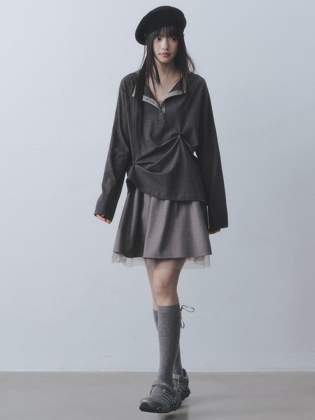 DDGIRL studio Moisture Wicking Long Sleeve Tee Commuter Solid Dark Gray Top & Skirt Sets