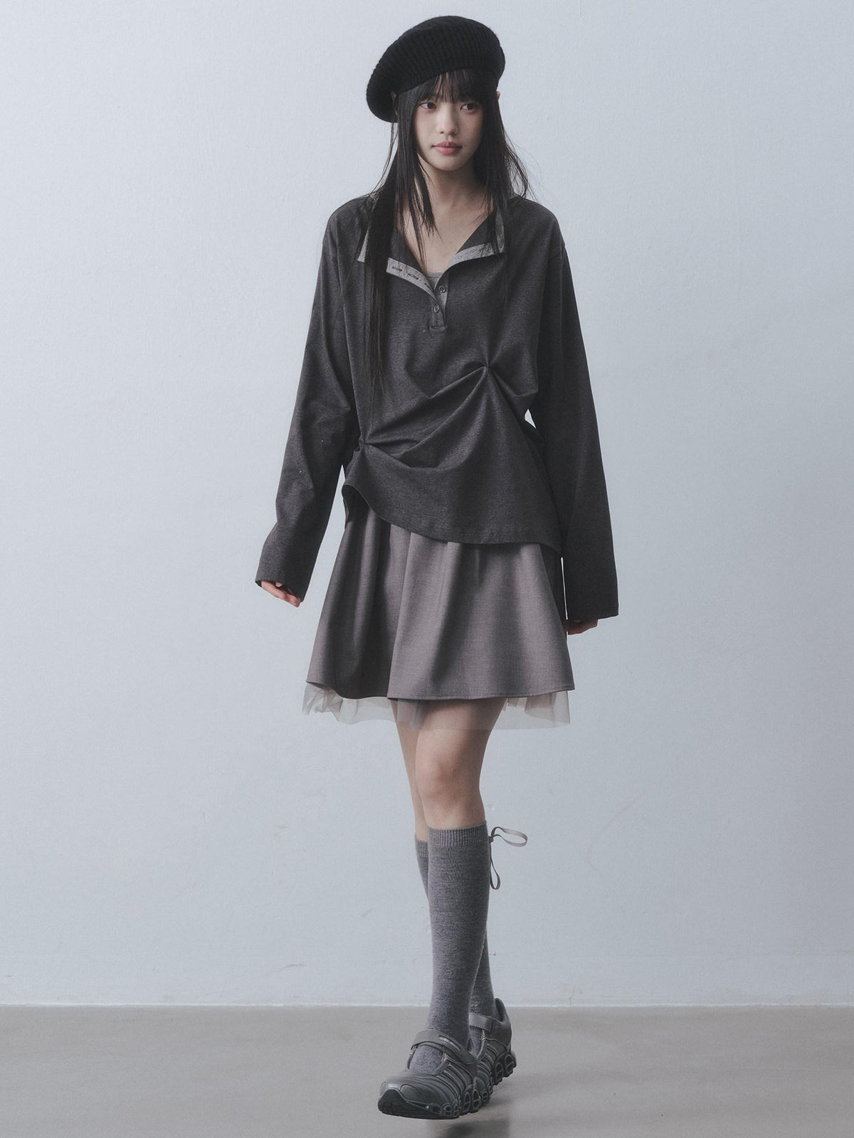 DDGIRL studio Moisture Wicking Long Sleeve Tee Commuter Solid Dark Gray Top & Skirt Sets