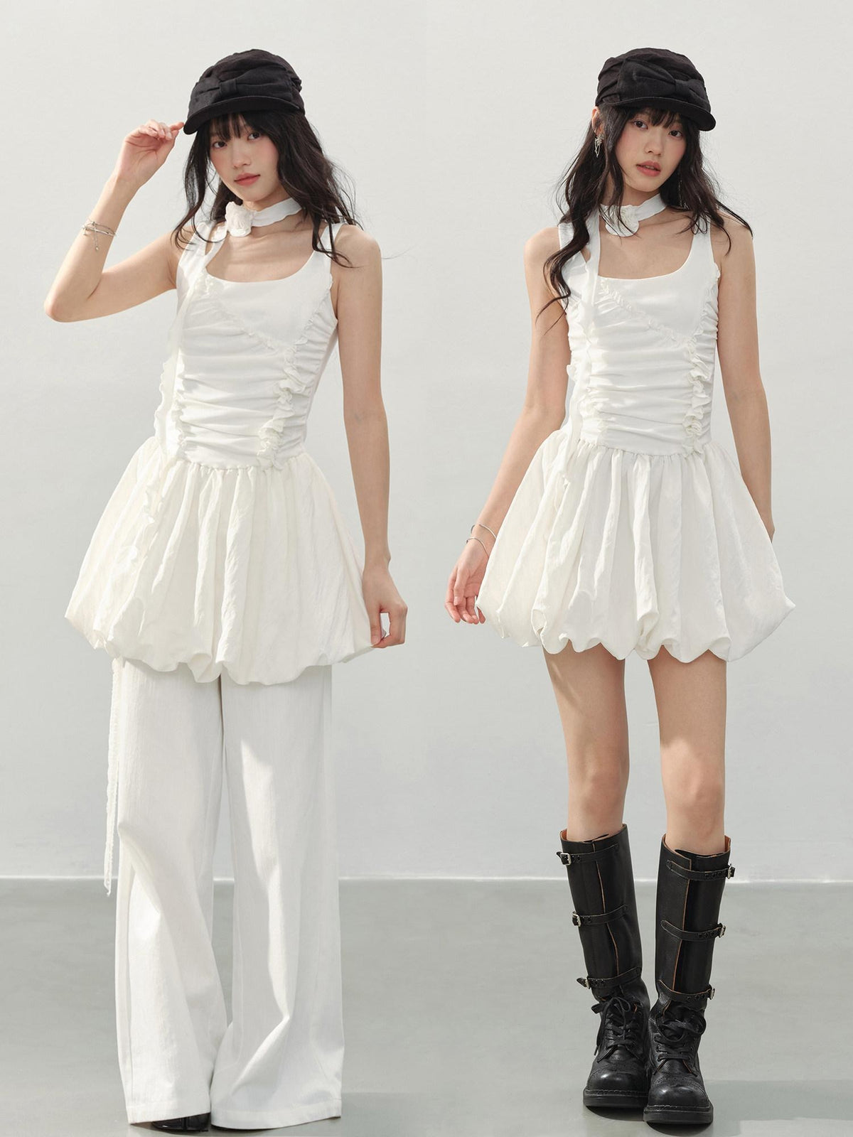 DDGIRL studio Soft Stretch Cotton Sweet Ruffle A Line Sleeveless U Neck Mid Waist Mini Dresses