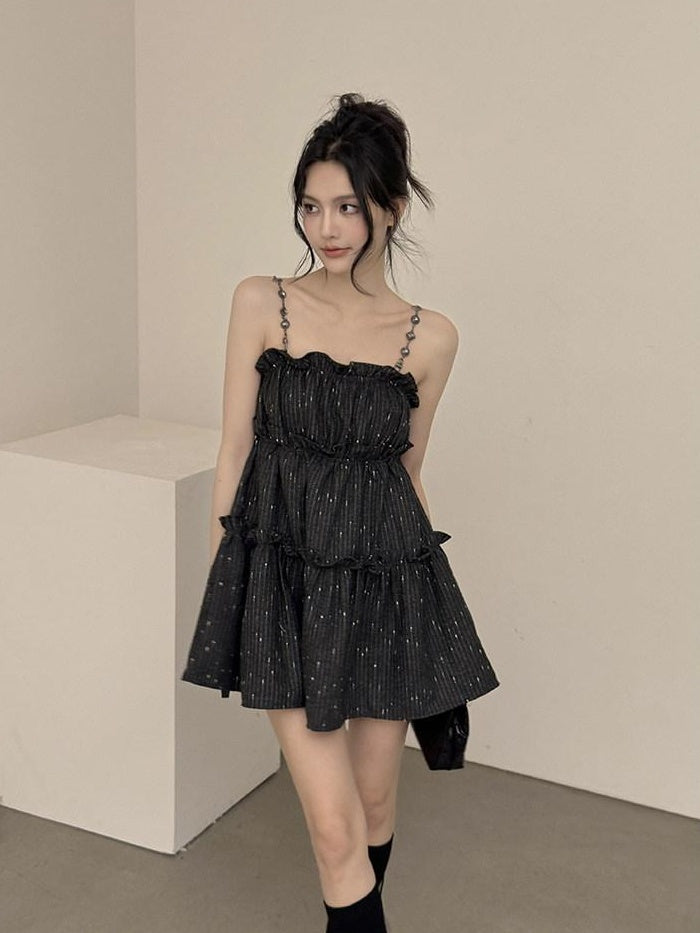 DDGIRL studio Shape Retain Strappy A Line Loose Waist Black Poly Wool Blend Mini Dresses