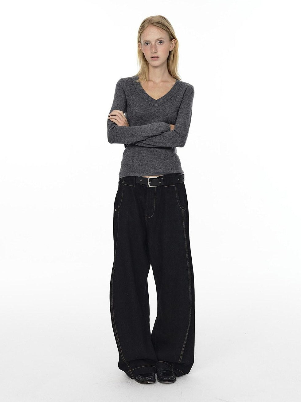 Country Moment Mid Rise Contrast Stitching Loose Fit Unisex Cotton Blend Black Wide Leg Jeans