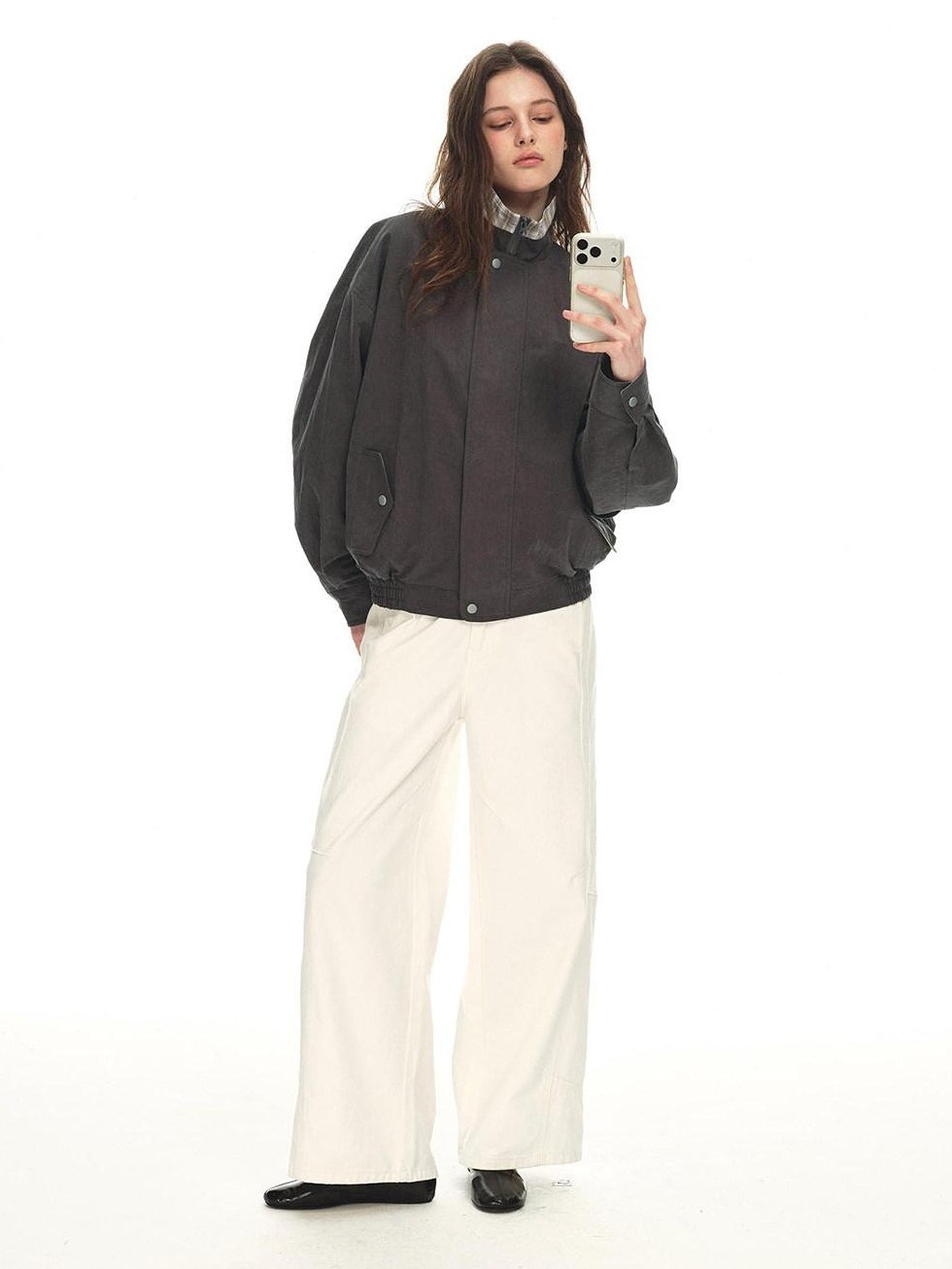Country Moment Contrast Patchwork Relaxed Check Zip Long Sleeve Womens Cropped Jackets