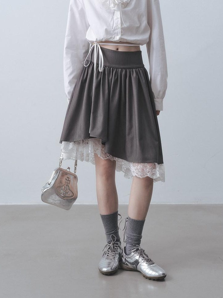 DDGIRL studio Durable Shape Retention Pleated Lace Asymmetric Relaxed Fit High Waist Midi Skirts