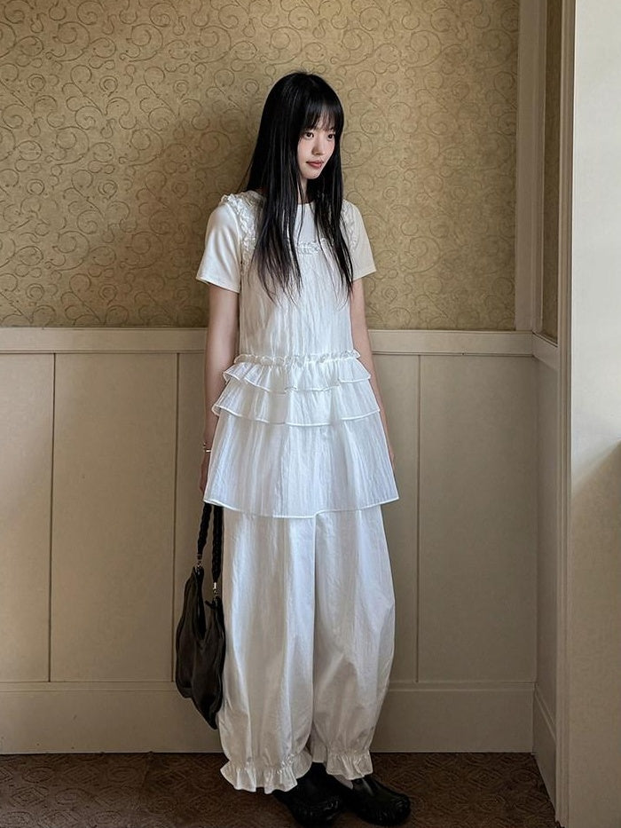 DDGIRL studio Original High Waist Drawstring Washed Cotton Nylon Lantern White Wide Leg Pants